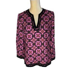 JULES REID Pink‎ Geometric Pattern Black Velvet Trim Tunic Cotton Size 4